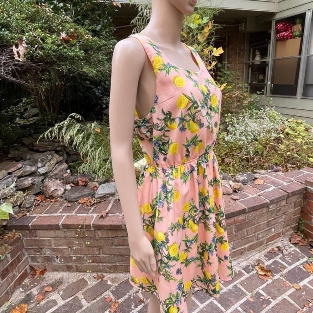 Pink Owl Dress Womens Large Pink Lemon Print Fit & Flare Cutout Back Sleeveless - Picture 5 of 12